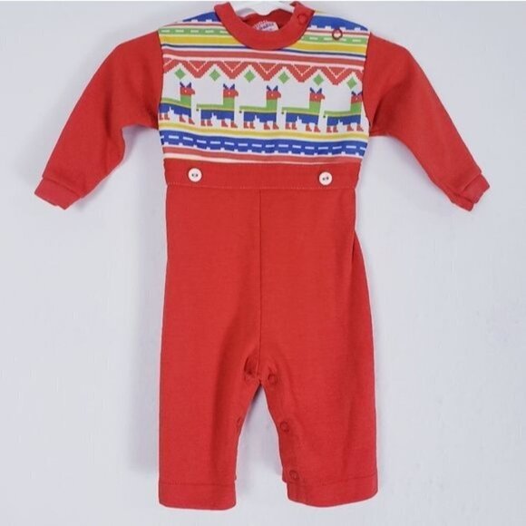 Vintage Carters Red Llama Jumpsuit Romper 6 Mo - Picture 1 of 13